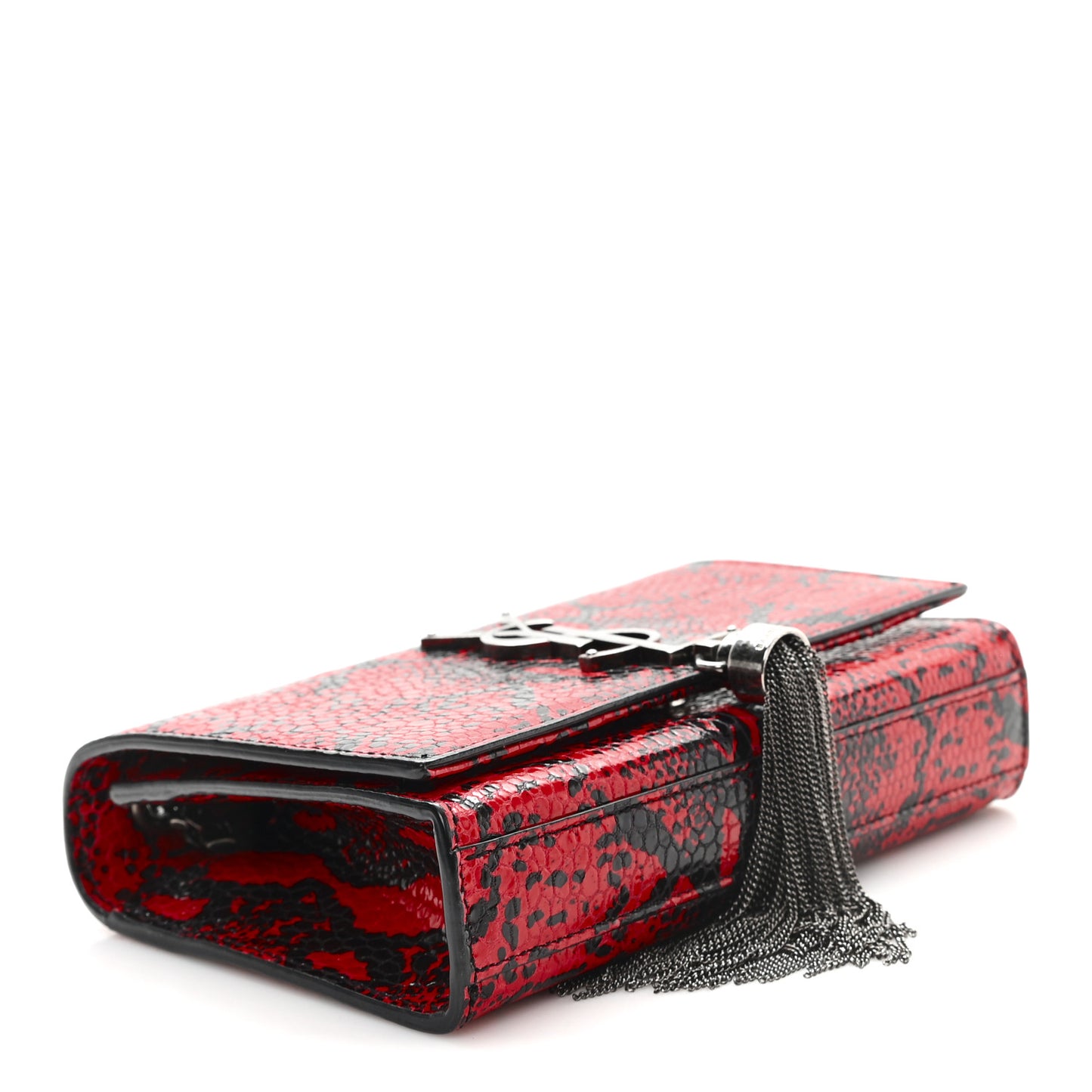 Calfskin Snakeskin Embossed Small Classic Monogram Kate Tassel Satchel Red Black