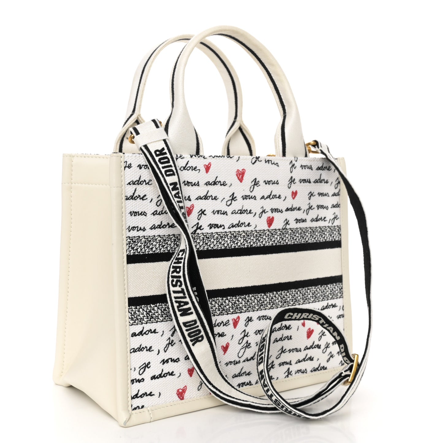 Calfskin Canvas Embroidered Small Dioramour Je Vous Adore Book Tote With Strap White Black Red