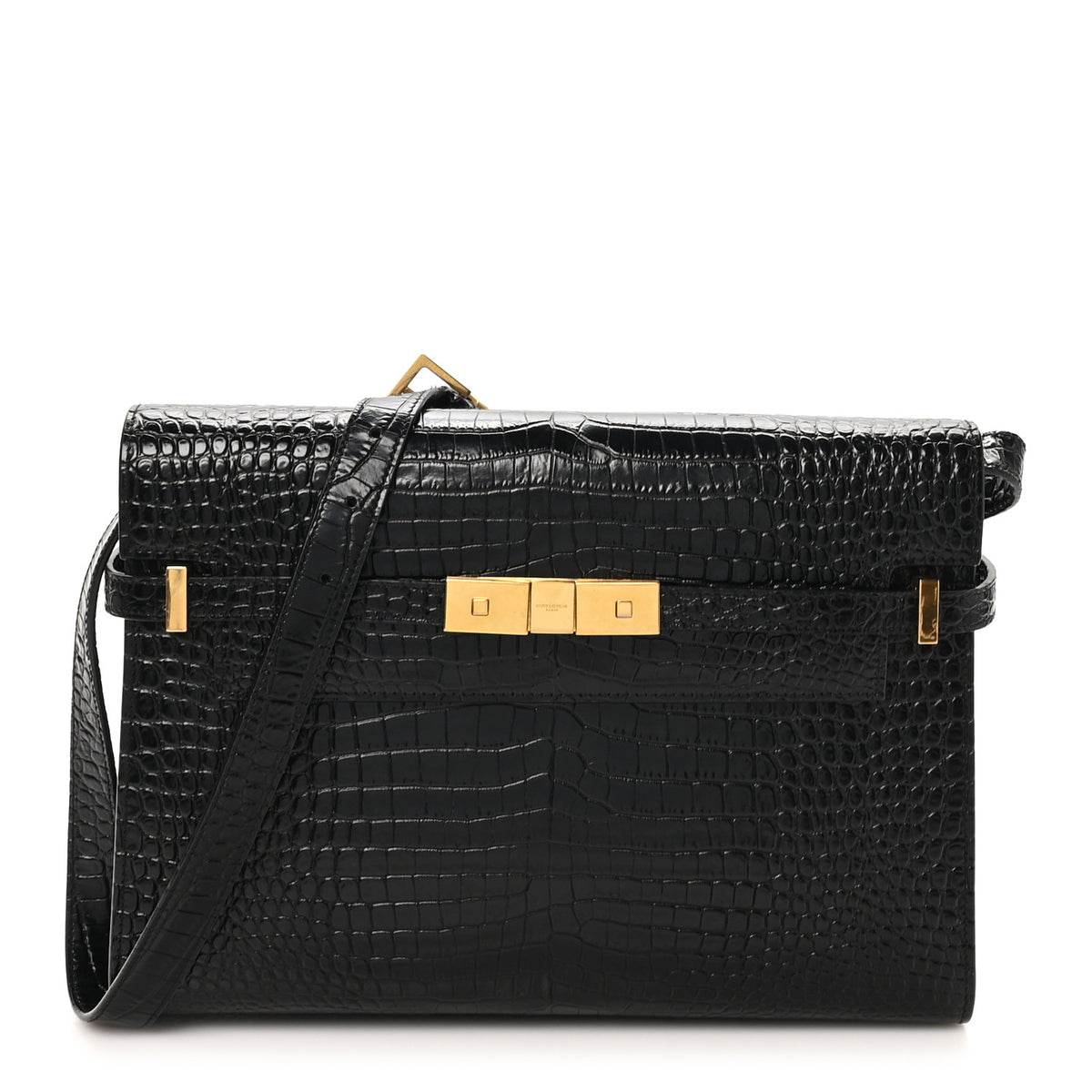 Saint Laurent Shiny Calfskin Crocodile Embossed Manhattan Baguette Black 1 of 9