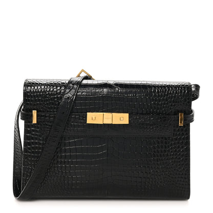 Saint Laurent Shiny Calfskin Crocodile Embossed Manhattan Baguette Black 1 of 9