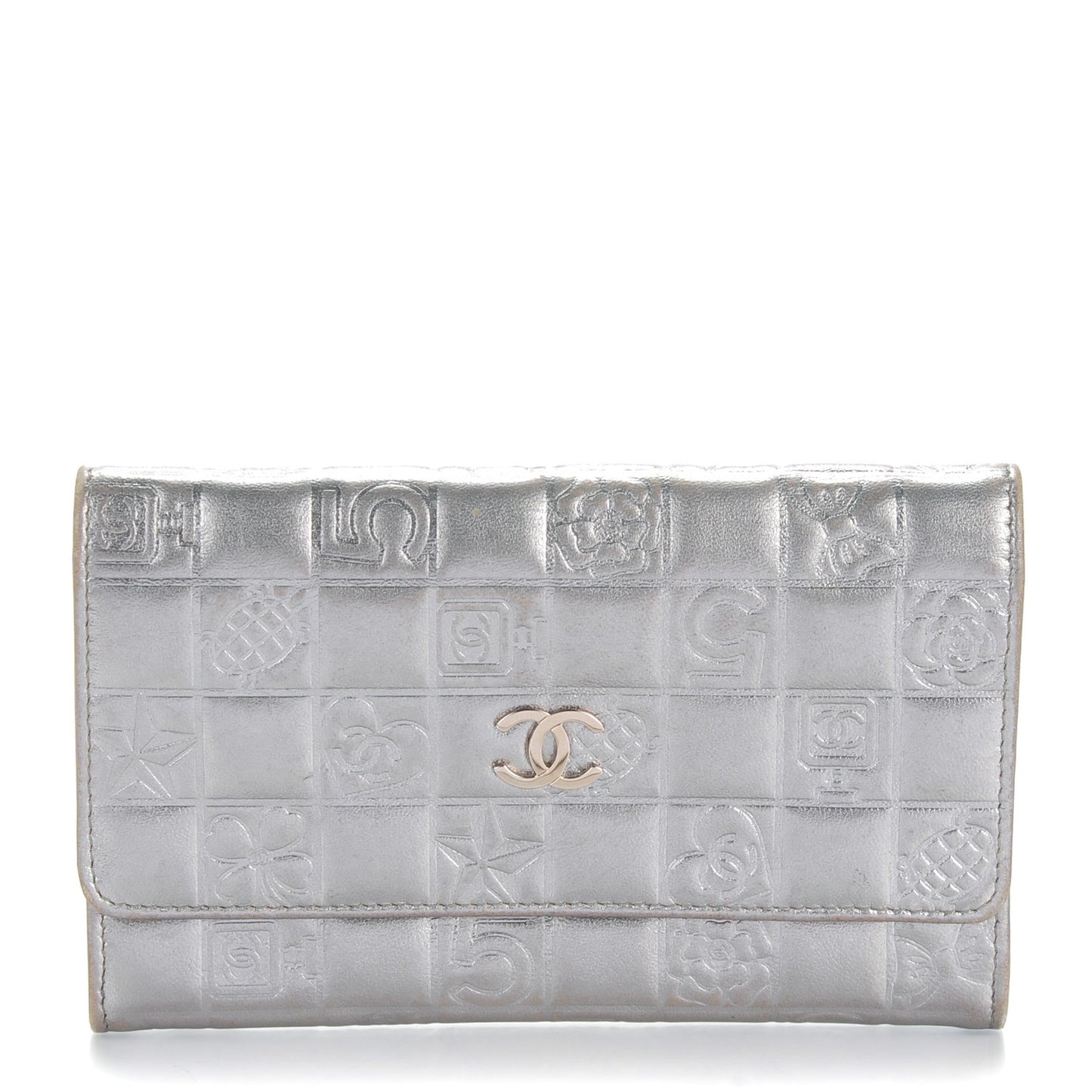 Metallic Lambskin Precious Symbols Flap Wallet Silver