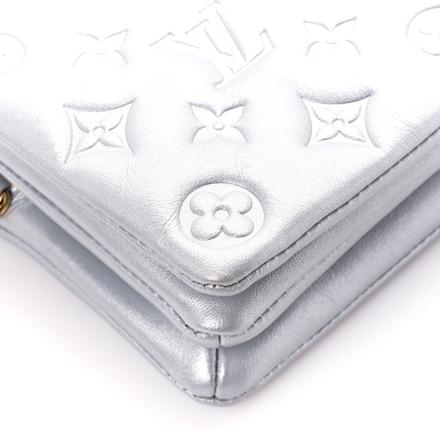 Metallic Lambskin Embossed Monogram Pochette Coussin Silver