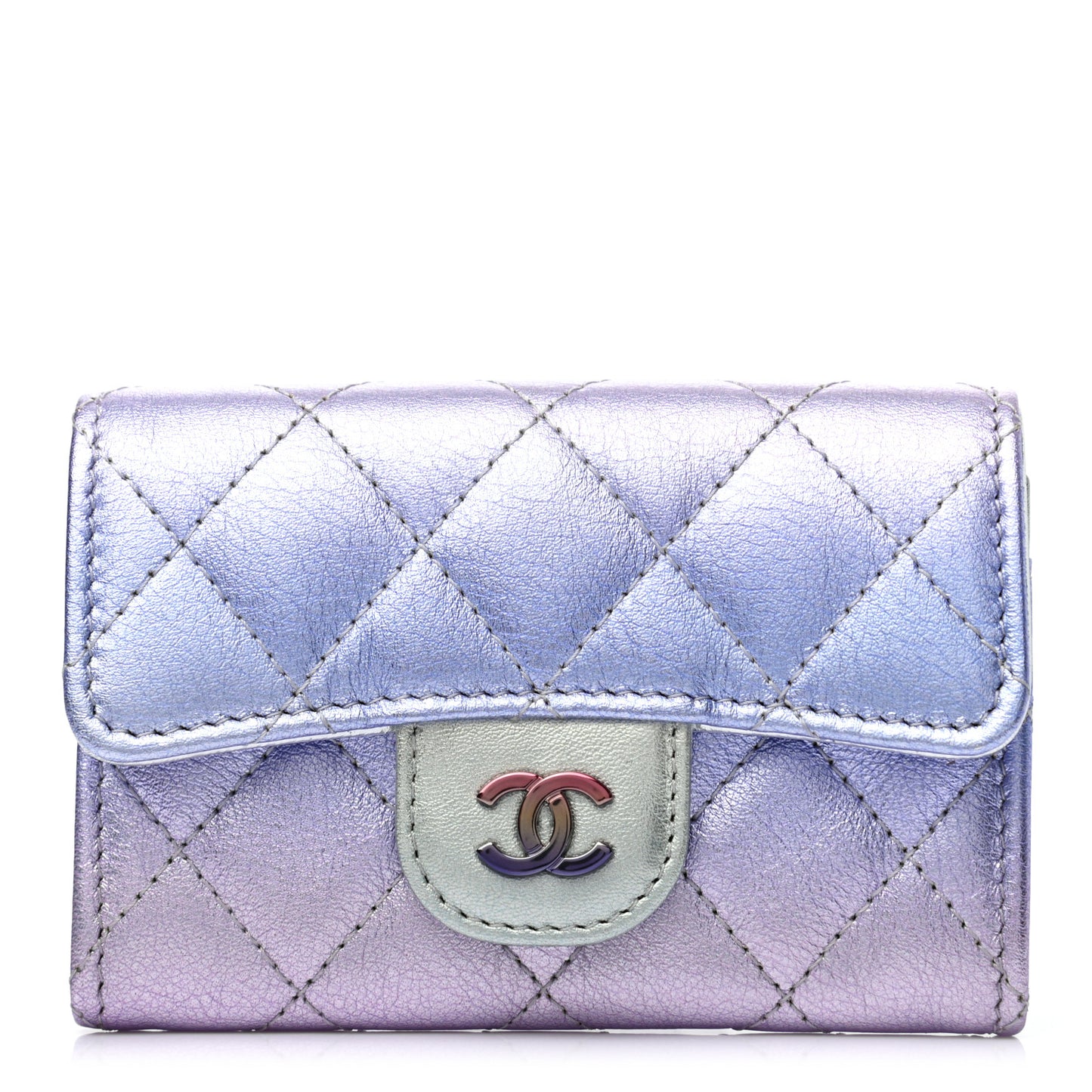 Gradient Metallic Calfskin Quilted Flap Card Holder Wallet Silver Blue Yellow Purple