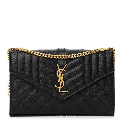 Saint Laurent Grain De Poudre Mixed Matelasse Triquilt Monogram Chain Wallet Black 2 of 23