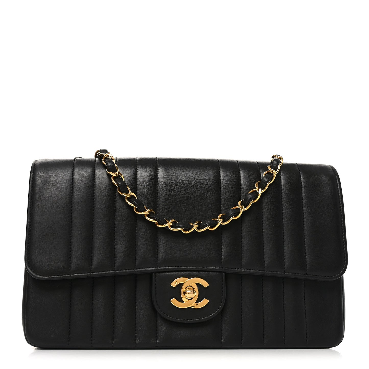 Lambskin Vertical Quilted Medium Single Flap Black