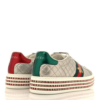 Gucci Laminated Nappa Crystal Web Bee Embroidered Trapuntata Womens Ace Platform Sneakers 41 Argento 4 of 8