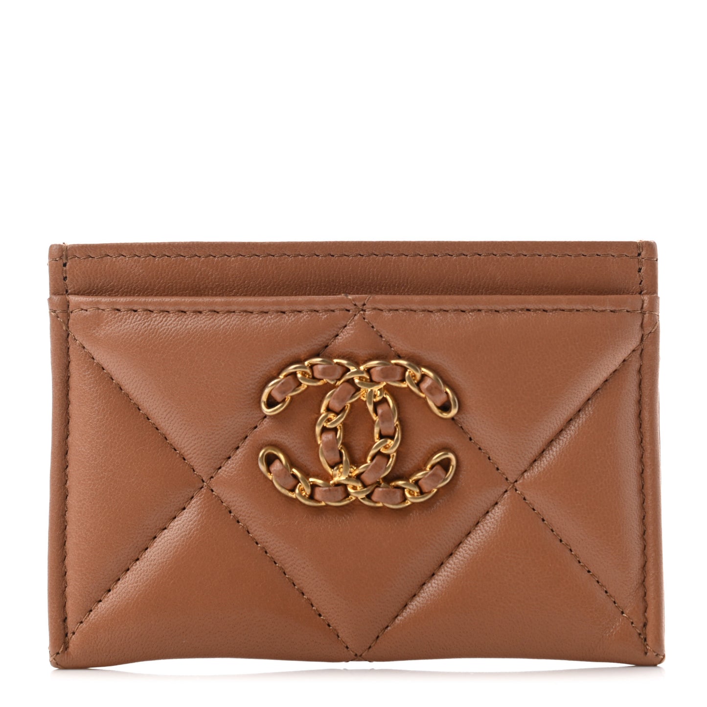 Lambskin Quilted Chanel 19 Card Holder Brown