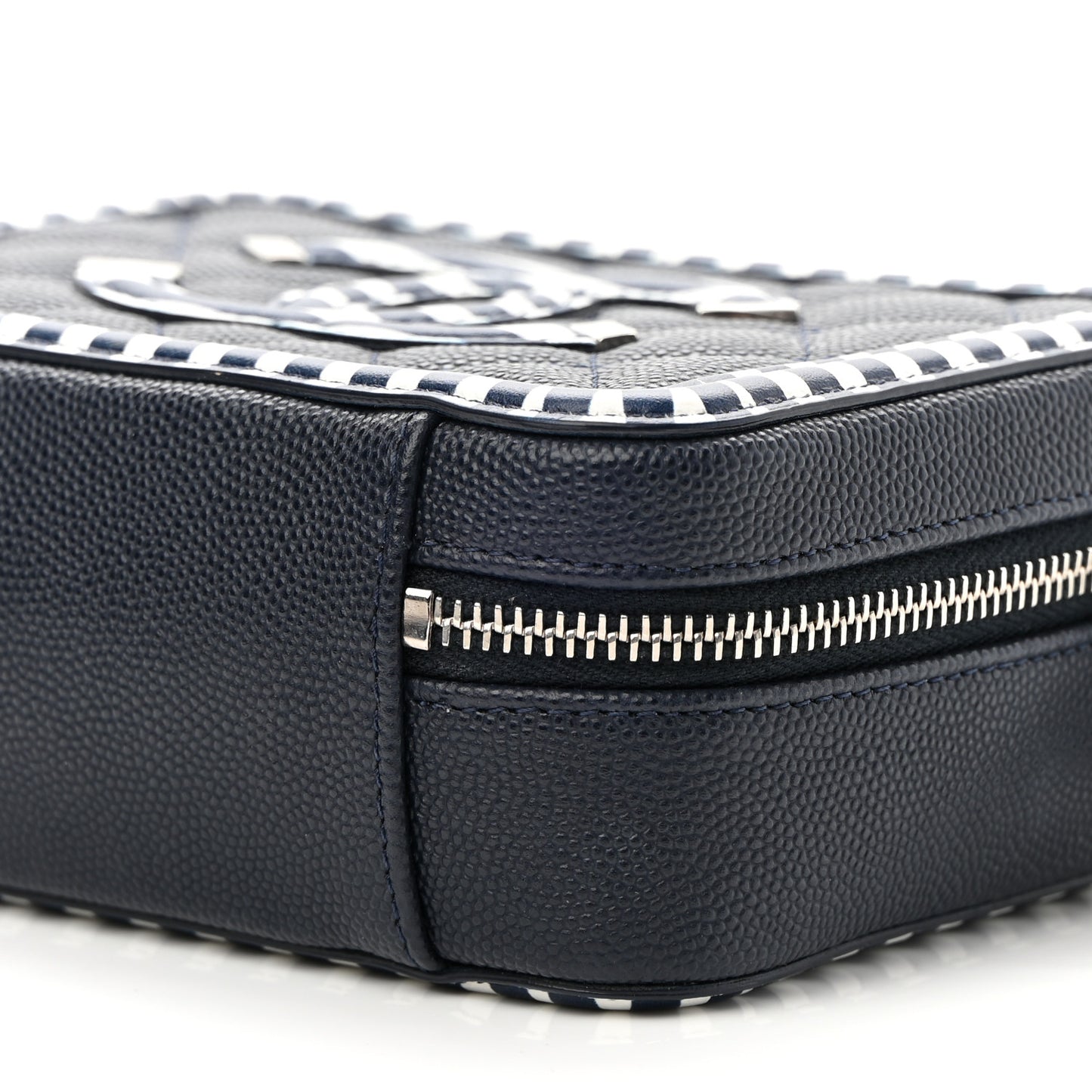 Caviar Quilted Striped Filigree Vanity Clutch With Chain Navy White