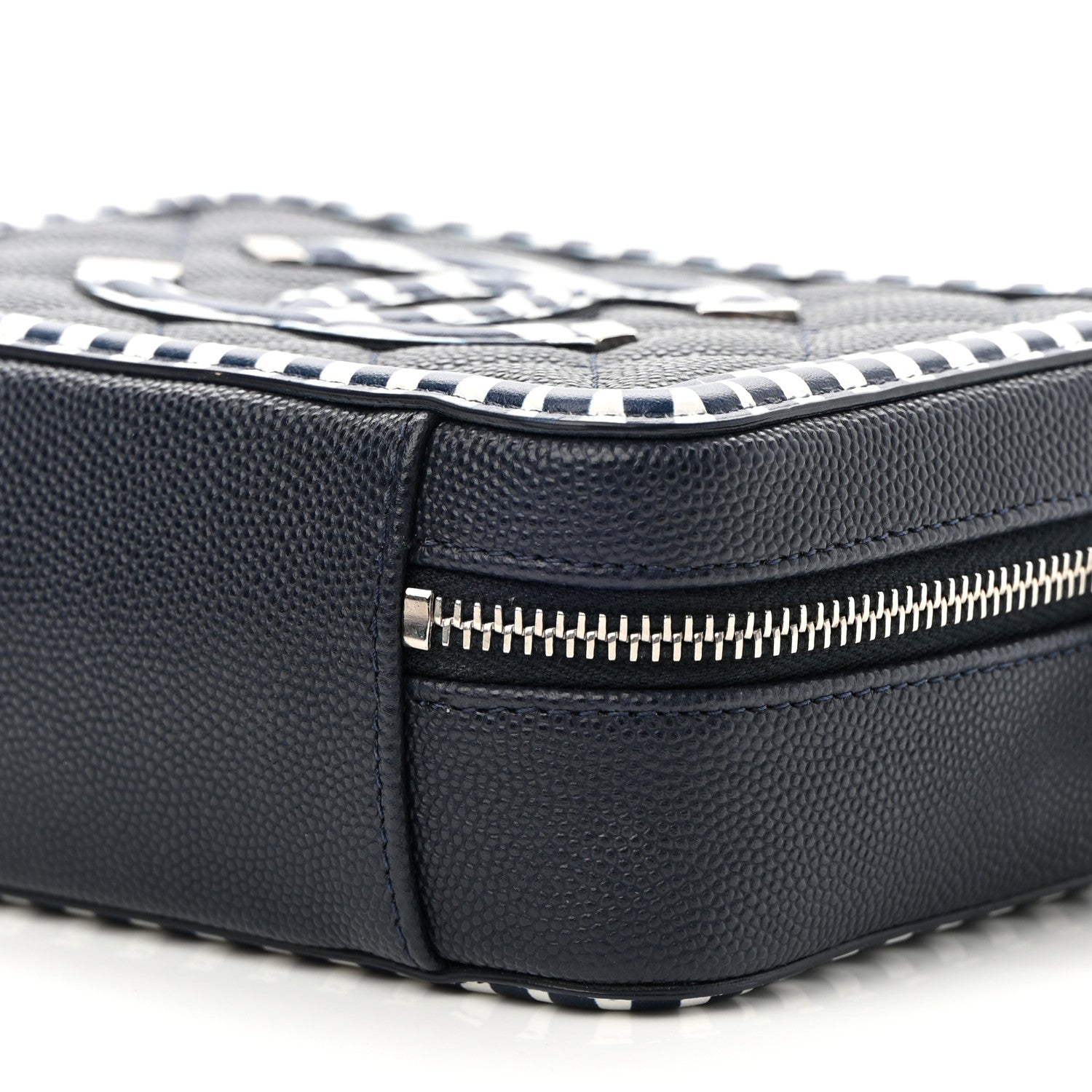 Chanel Caviar Quilted Striped Filigree Vanity Clutch With Chain Navy White 10 of 10