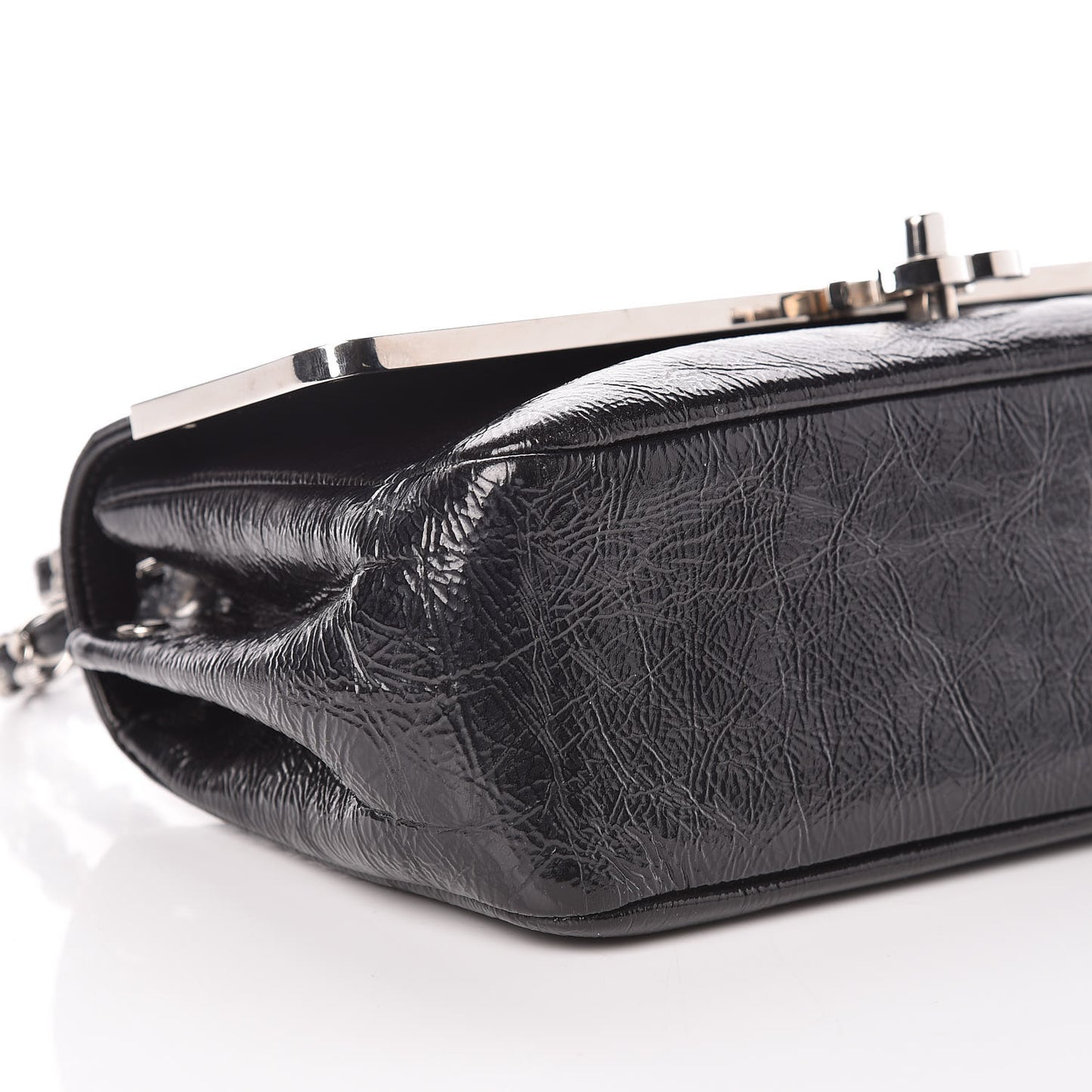 Distressed Patent Calfskin Small Frame Single Flap Black