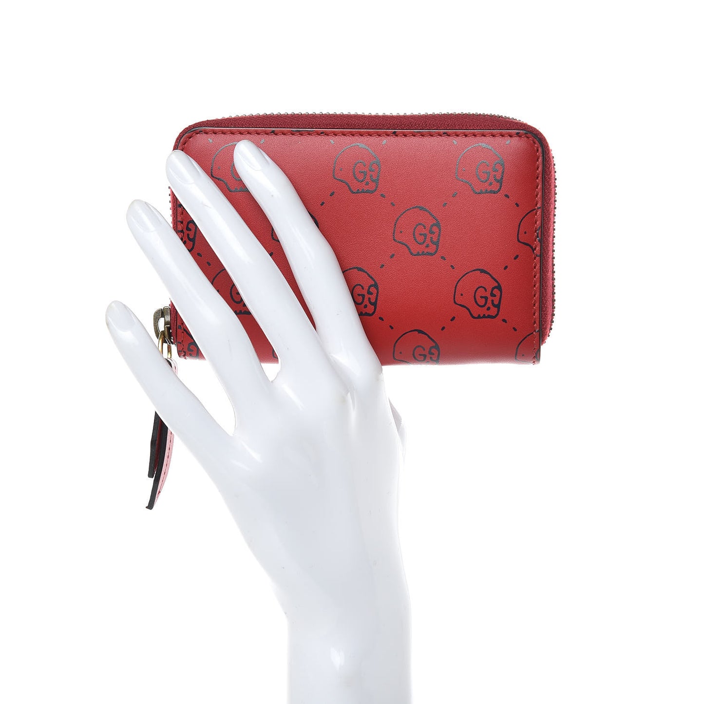Calfskin GucciGhost Hamlet Skull Zip Around Card Case Hibiscus Red