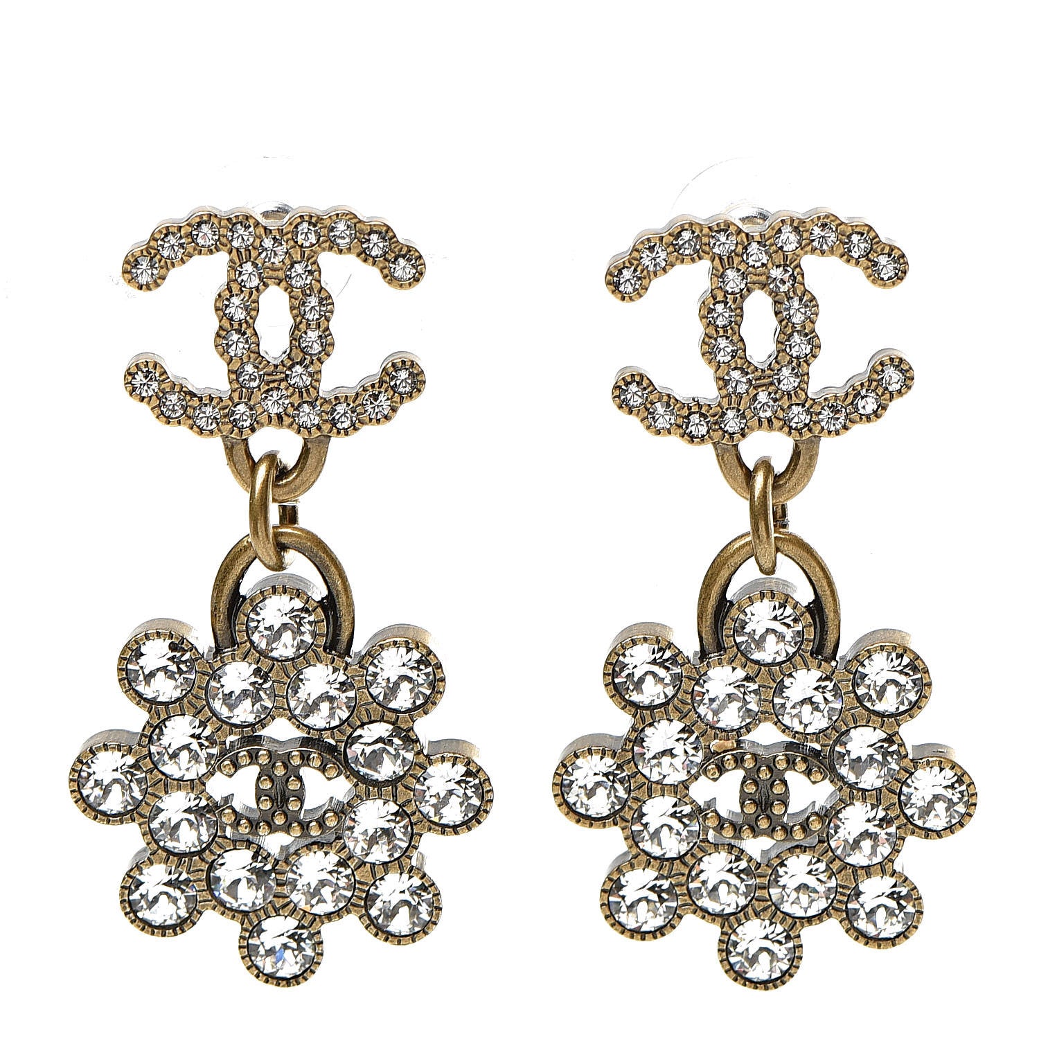 Chanel Crystal Strass CC City of Lights Cluster Dangle Earrings Gold 1 of 5