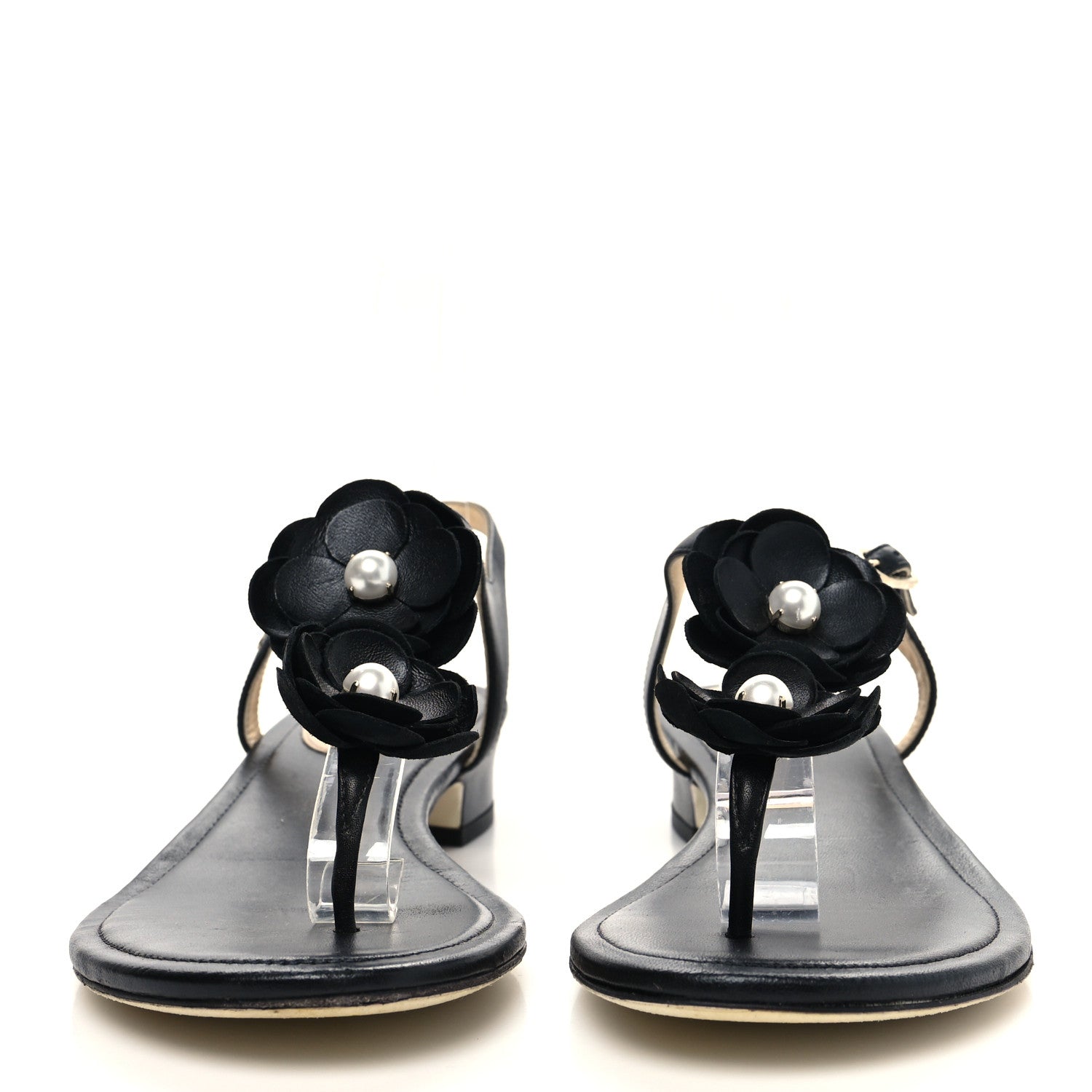 Chanel Pearl Camellia Sandals 38.5 Black 2 of 7