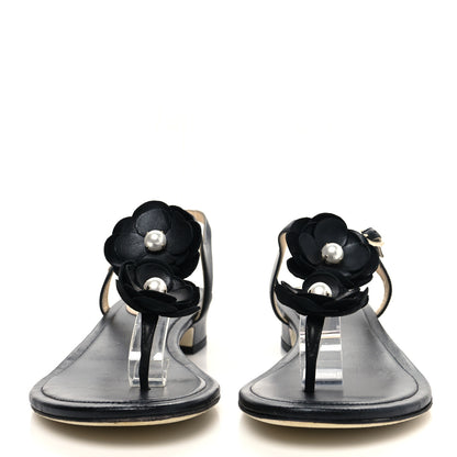 Chanel Pearl Camellia Sandals 38.5 Black 2 of 7