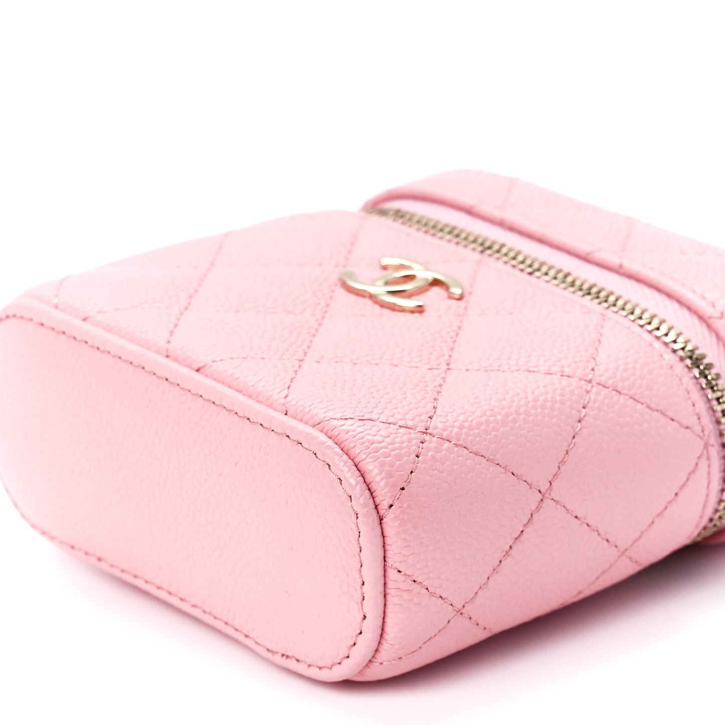 Caviar Quilted Small Handle With Care Vanity Case With Chain Pink