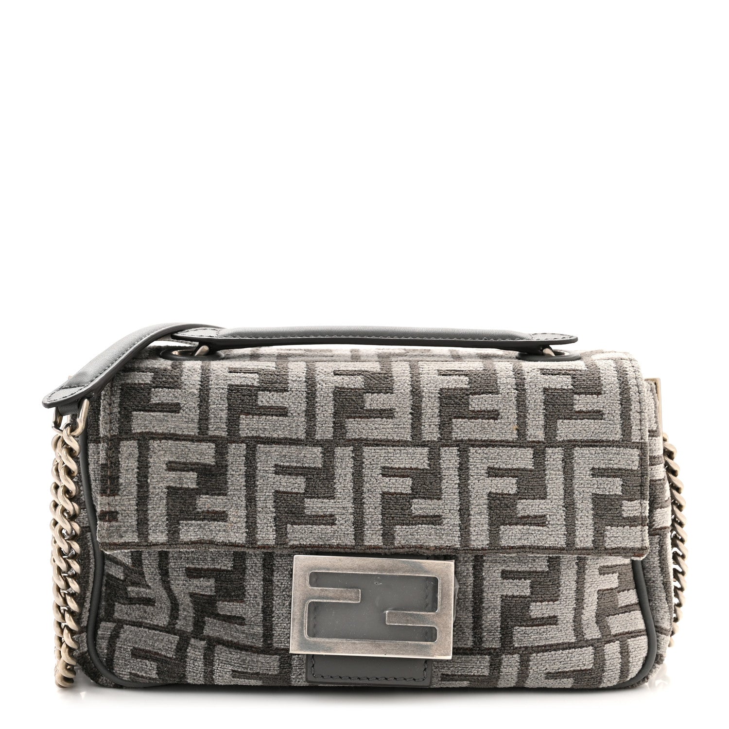 Fendi Chenille Vitello Seta FF Midi Chain Baguette Anthracite Asfalto 1 of 10