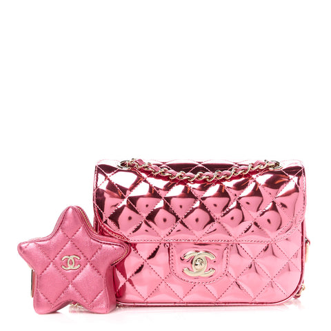 Mirror Calfskin Metallic Lambskin Quilted Hollywood Boulevard Mini Flap With Star Coin Purse Pink