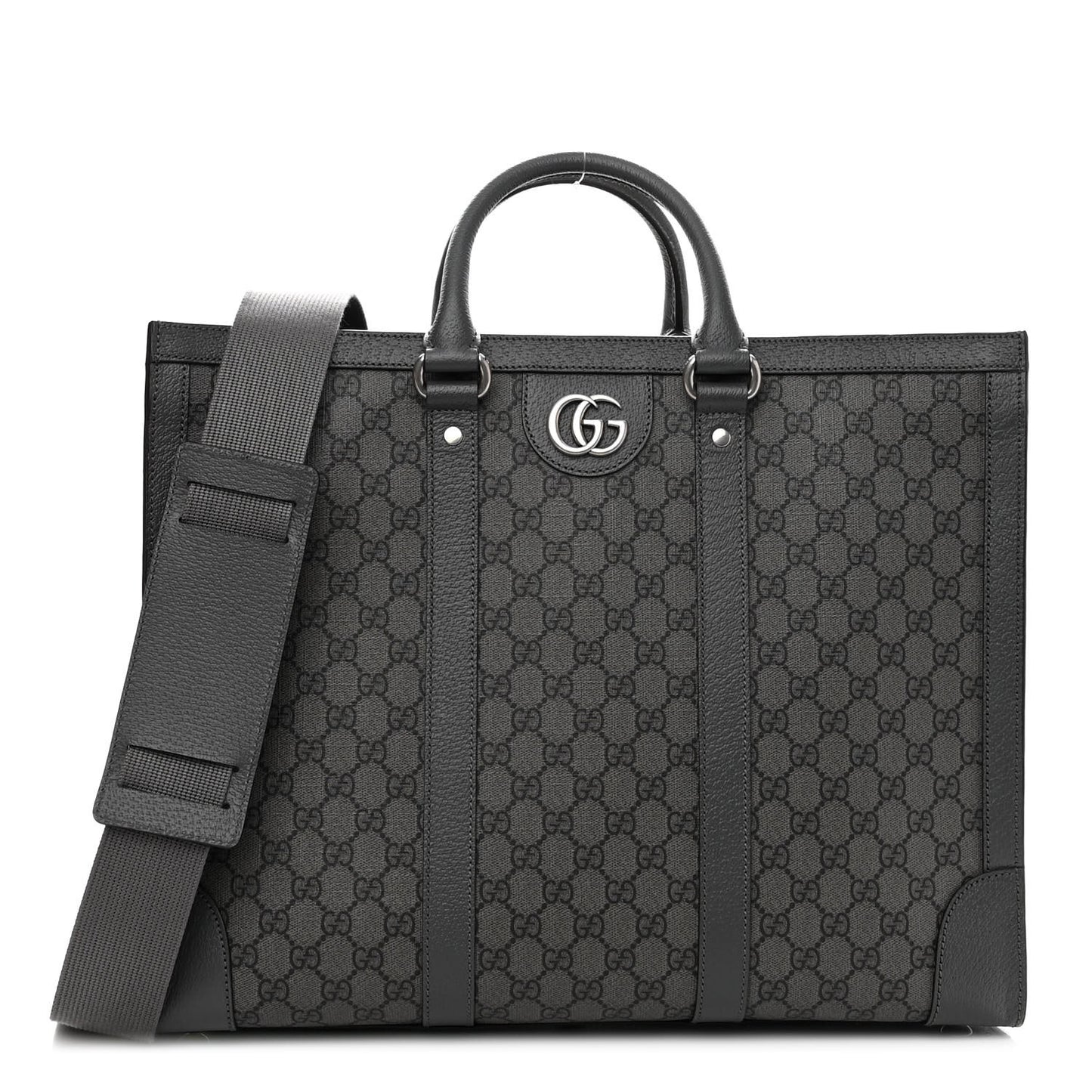 GG Supreme Monogram Textured Dollar Calfskin Large Ophidia Tote Bag Grey Black Graphite Grey