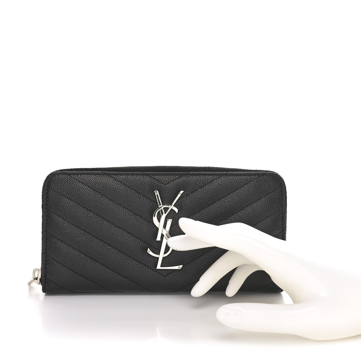 Saint Laurent Grain De Poudre Matelasse Chevron Monogram Zip Around Wallet Black 2 of 9