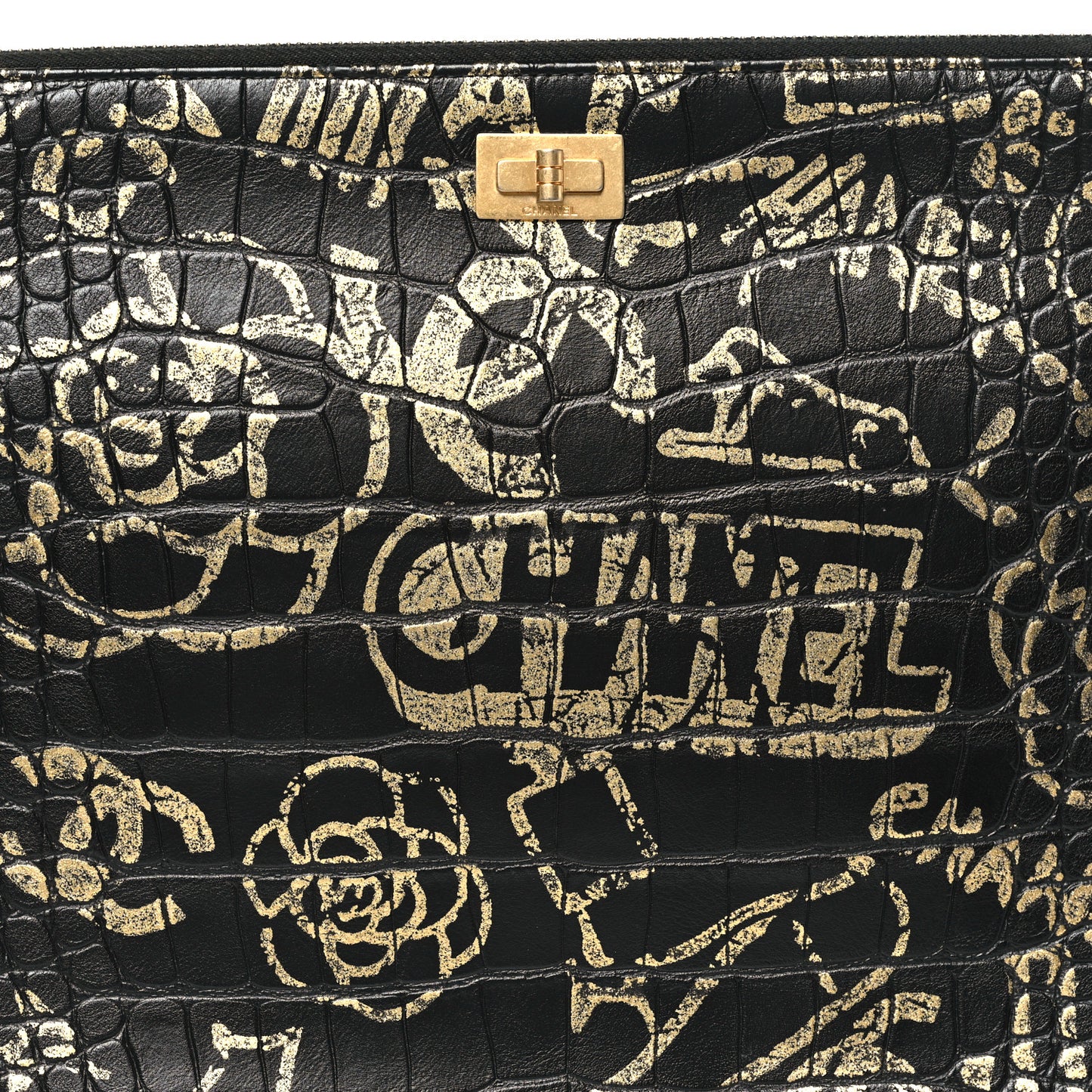 Calfskin Crocodile Embossed Graffiti 2.55 Large Cocodile Reissue Cosmetic Case Black Gold