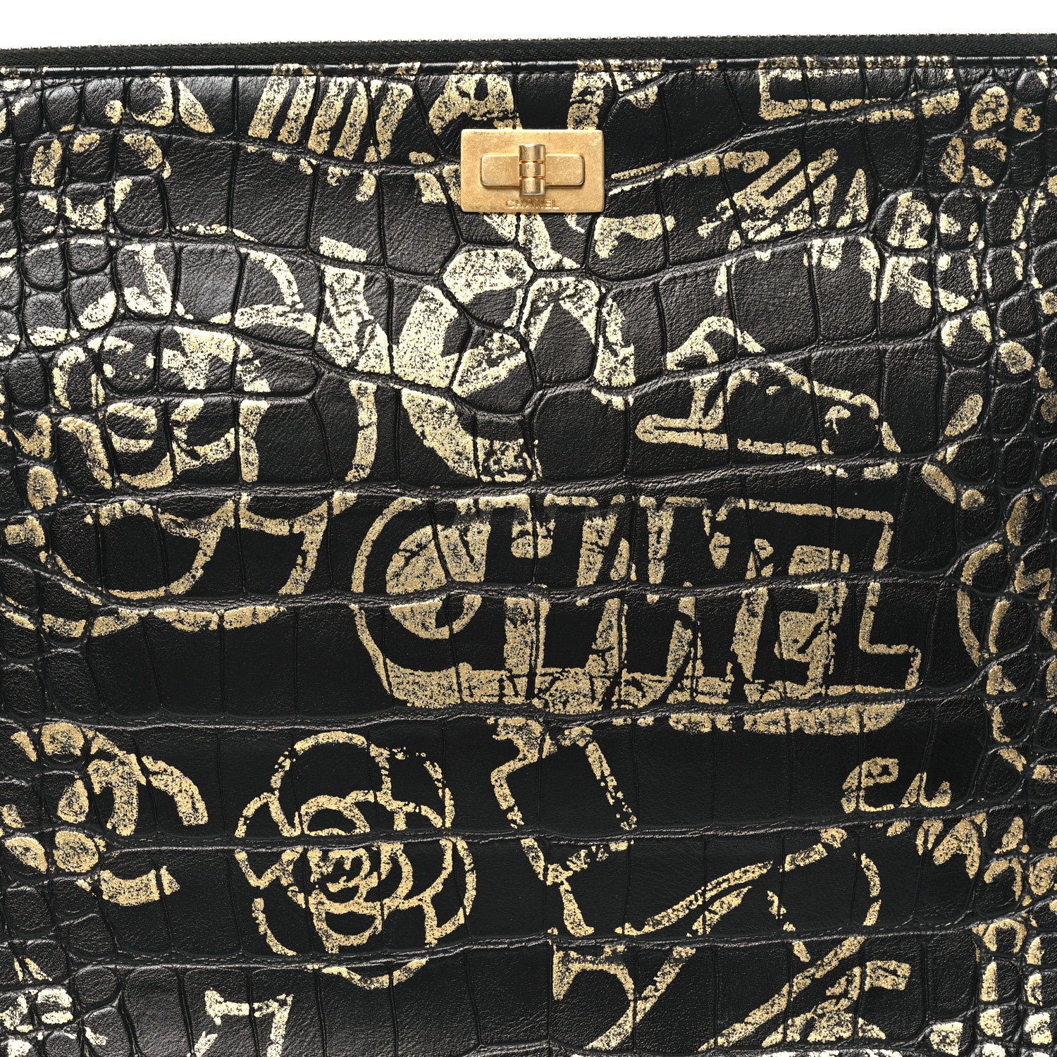 Chanel Calfskin Crocodile Embossed Graffiti 2.55 Large Cocodile Reissue Cosmetic Case Black Gold 8 of 9
