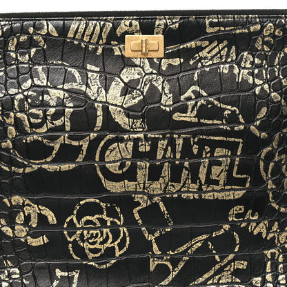 Chanel Calfskin Crocodile Embossed Graffiti 2.55 Large Cocodile Reissue Cosmetic Case Black Gold 8 of 9