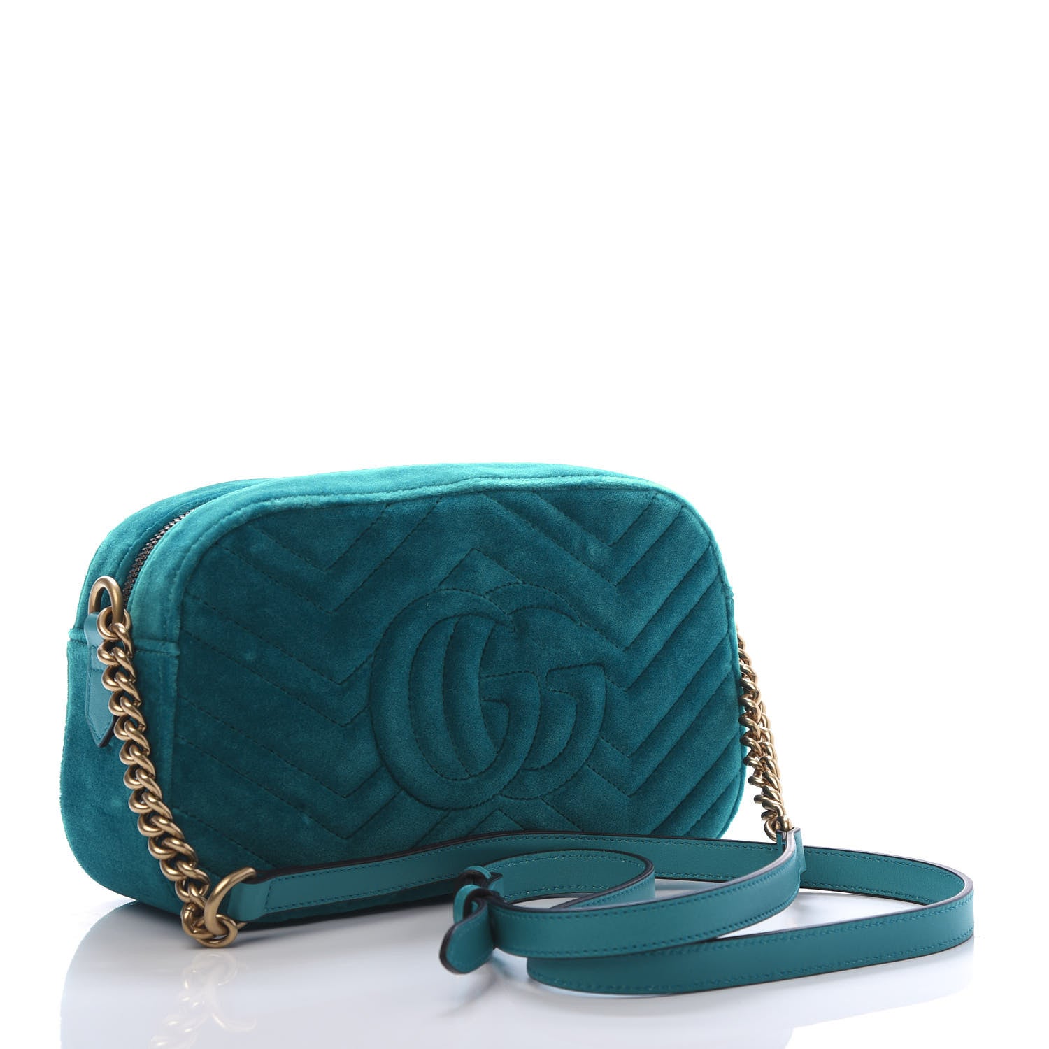 Gucci Velvet Matelasse Small GG Marmont Chain Shoulder Bag Pavone Cyan 3 of 10