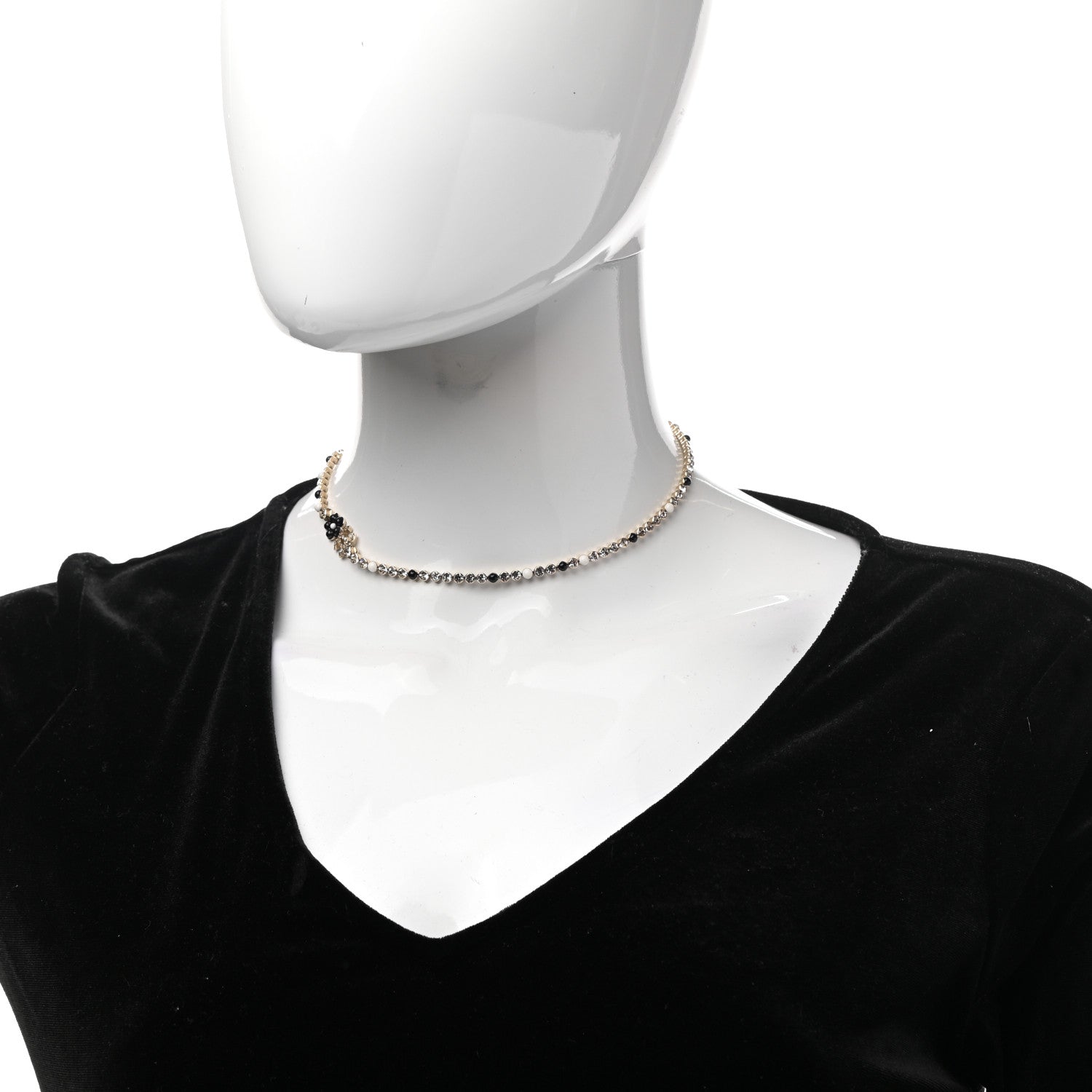 Chanel Crystal Pearl Glass Beaded CC Short Necklace Gold White Black 2 of 6