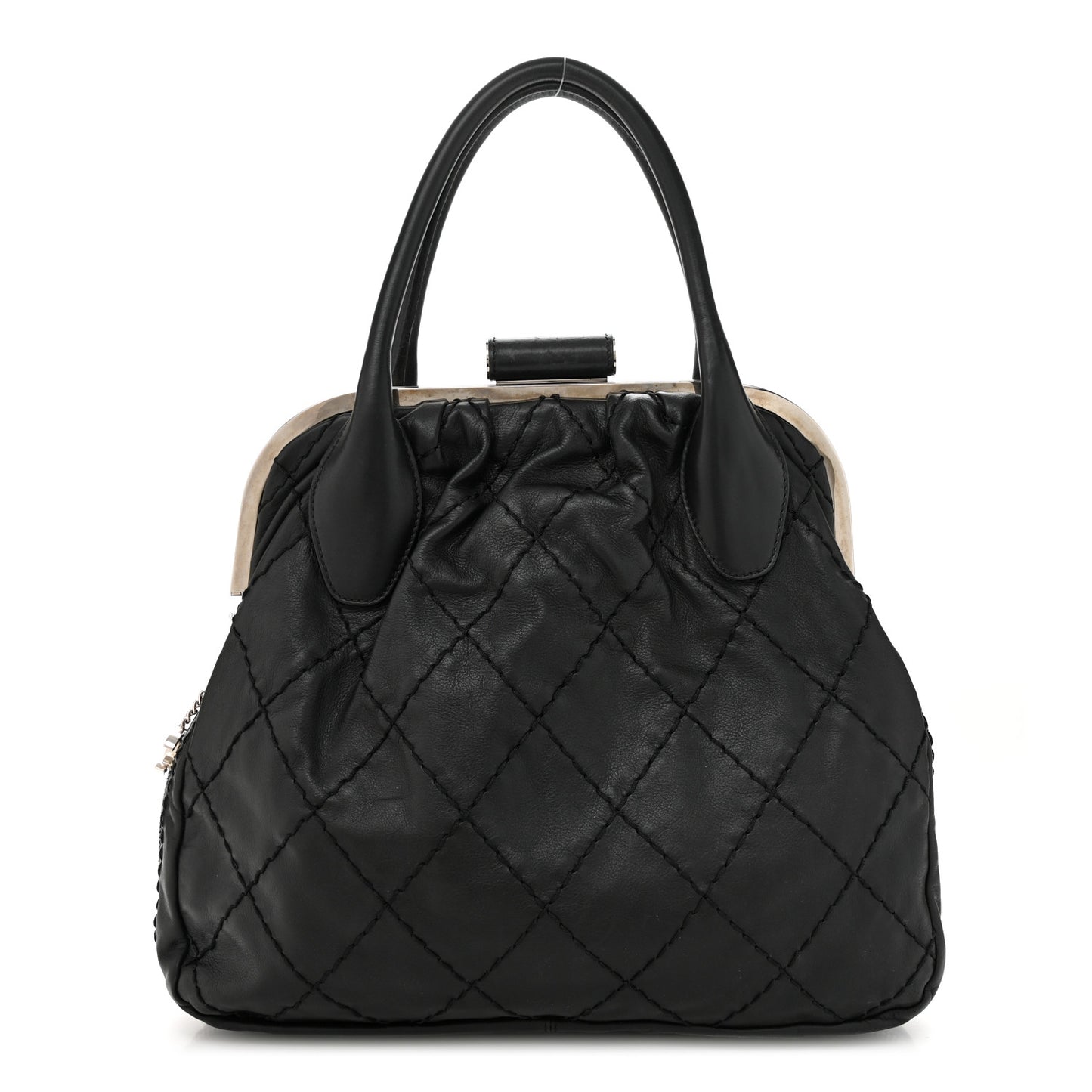 Calfskin Stitched Expandable Frame Bag Black