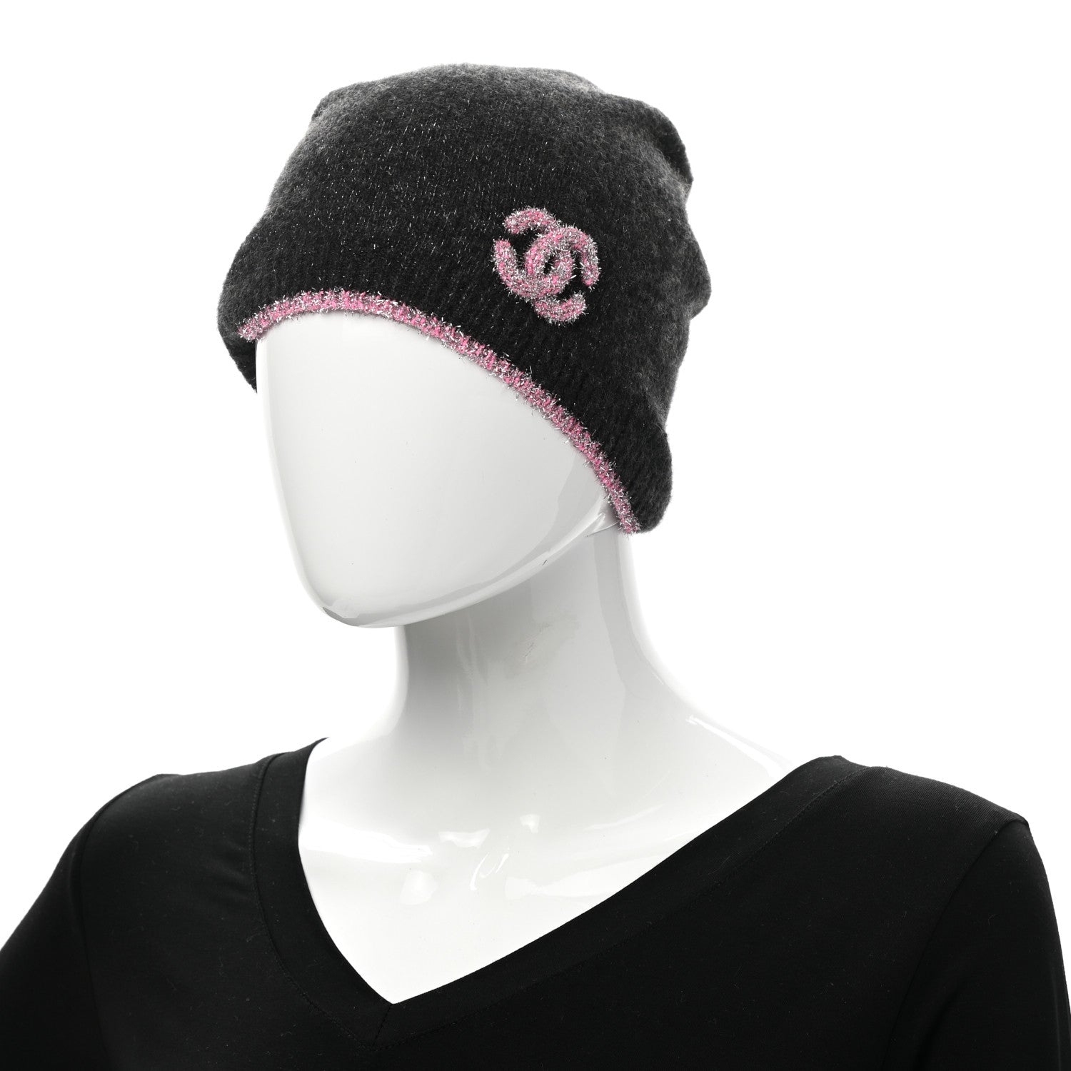 Chanel Cashmere Blend CC Beanie Hat Grey Pink 2 of 4