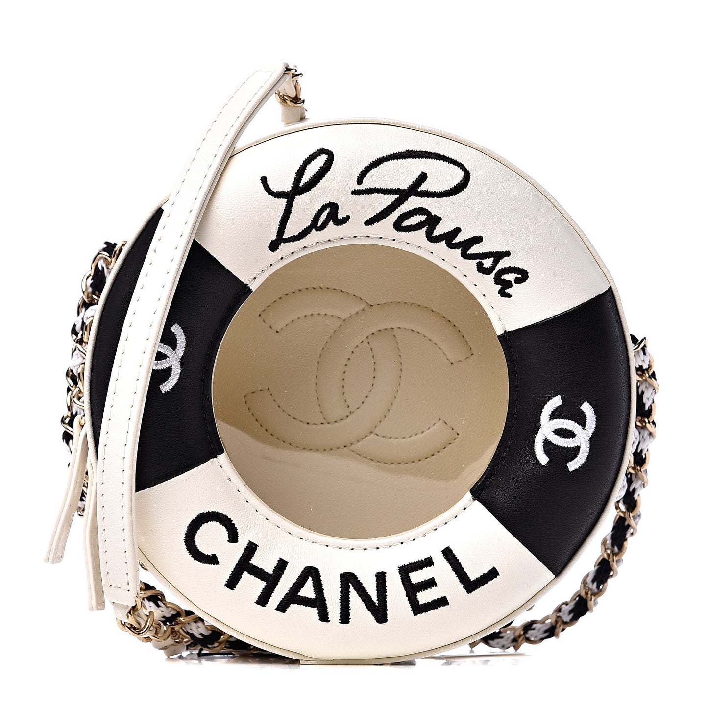 Lambskin Coco Lifesaver Round Bag Black White