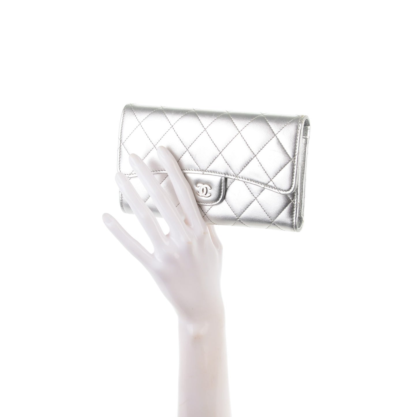 Metallic Lambskin Quilted Large Flap Wallet Silver