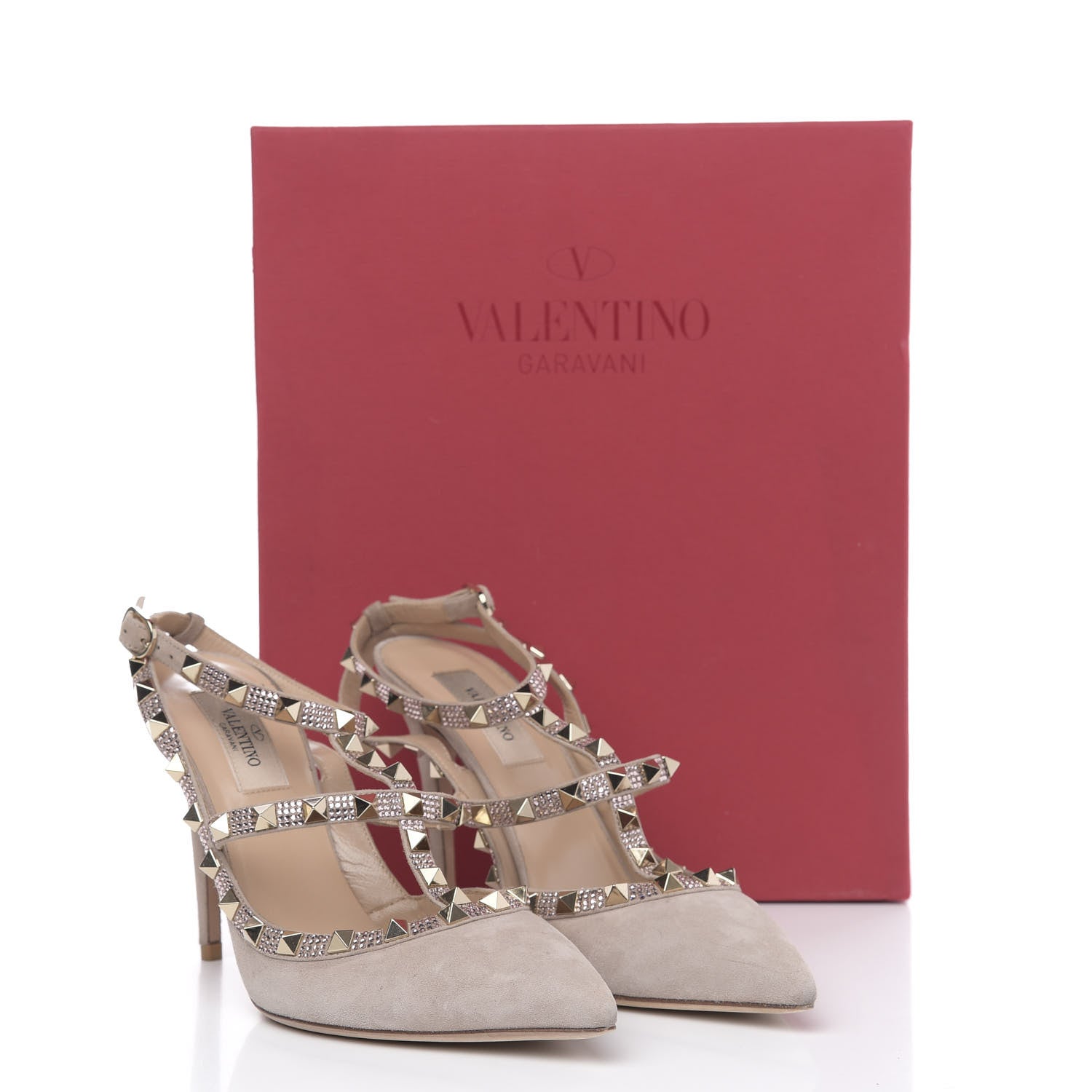 Valentino Garavani Suede Crystal Rockstud Ankle Strap 100mm Pumps 38.5 Poudre 9 of 9