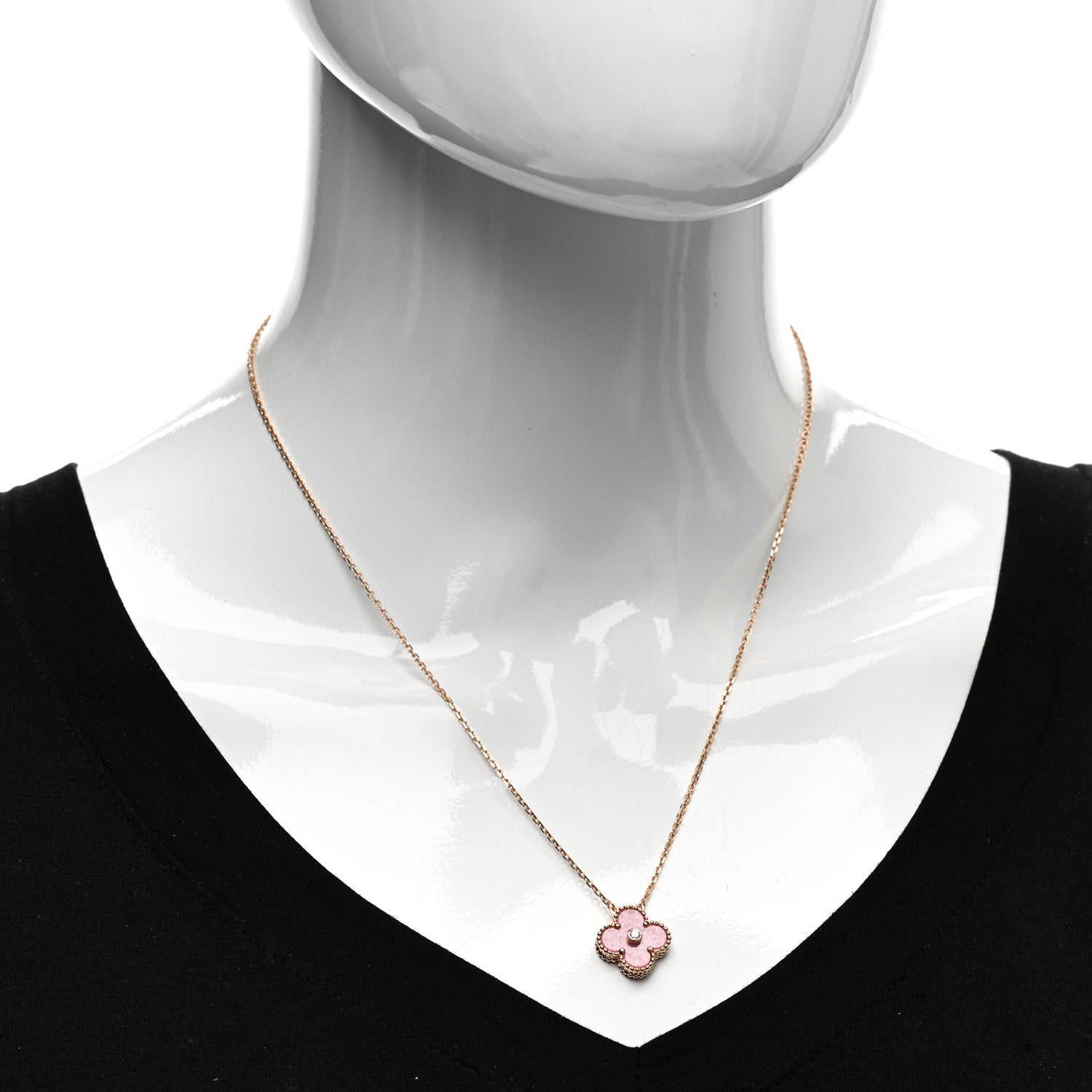 Van Cleef & Arpels 18K Rose Gold Diamond Rhodonite Vintage Alhambra Pendant Necklace 2 of 6
