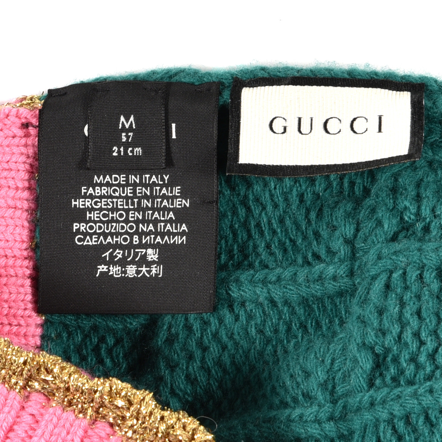 Gucci Wool Cashmere Polyamide Cable Knit Bonhate Beanie Hat M Grass Green Pink 4 of 4