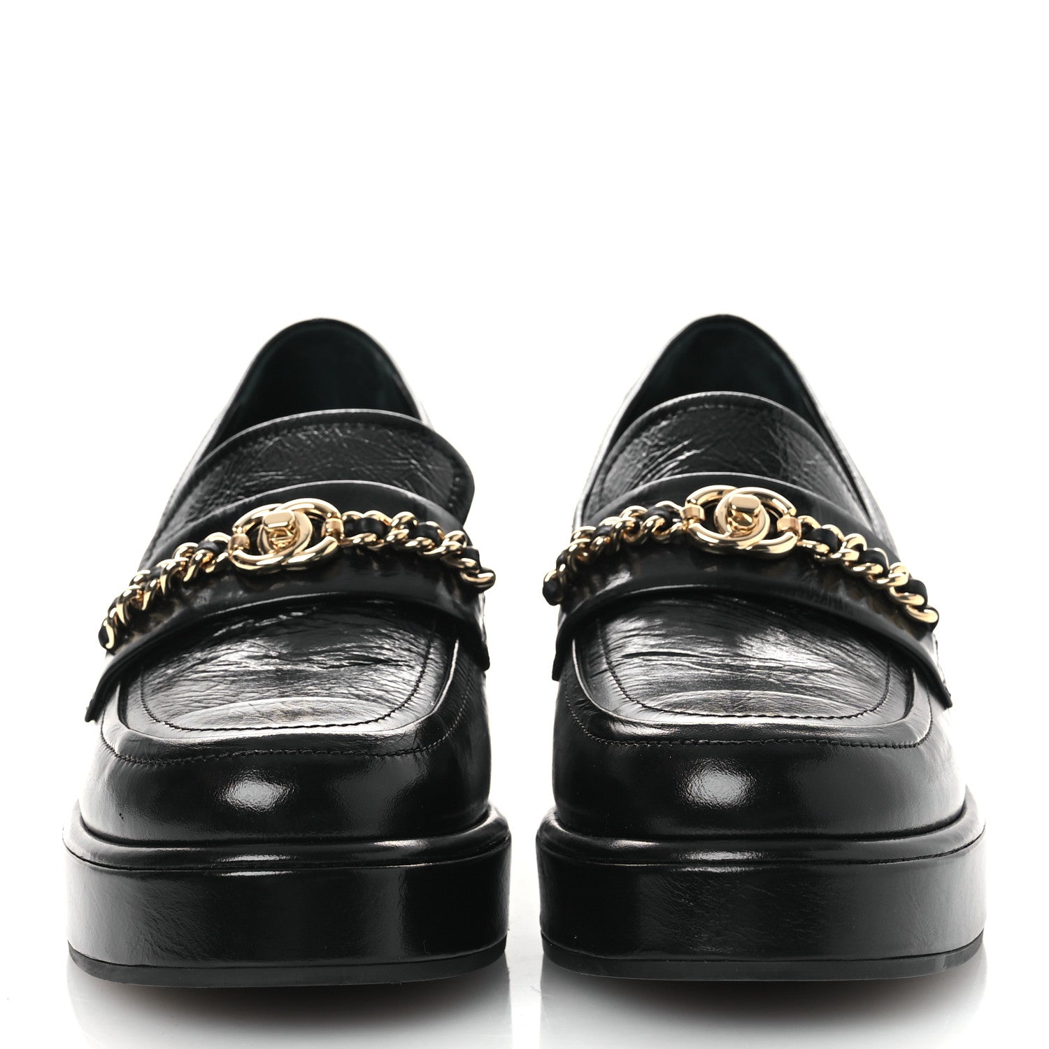 Chanel Shiny Calfskin Logo Loafers 38 Black 3 of 11