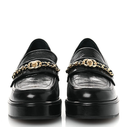 Chanel Shiny Calfskin Logo Loafers 38 Black 3 of 11