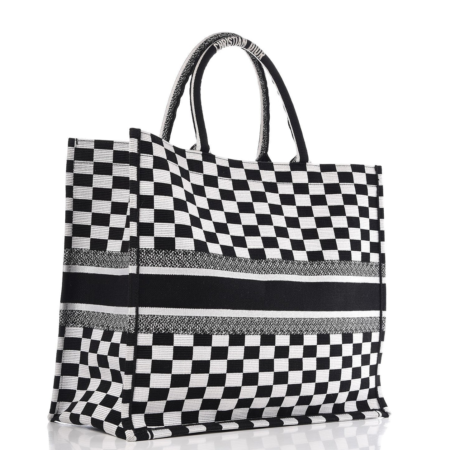 Canvas Embroidered Checkered Book Tote Black White