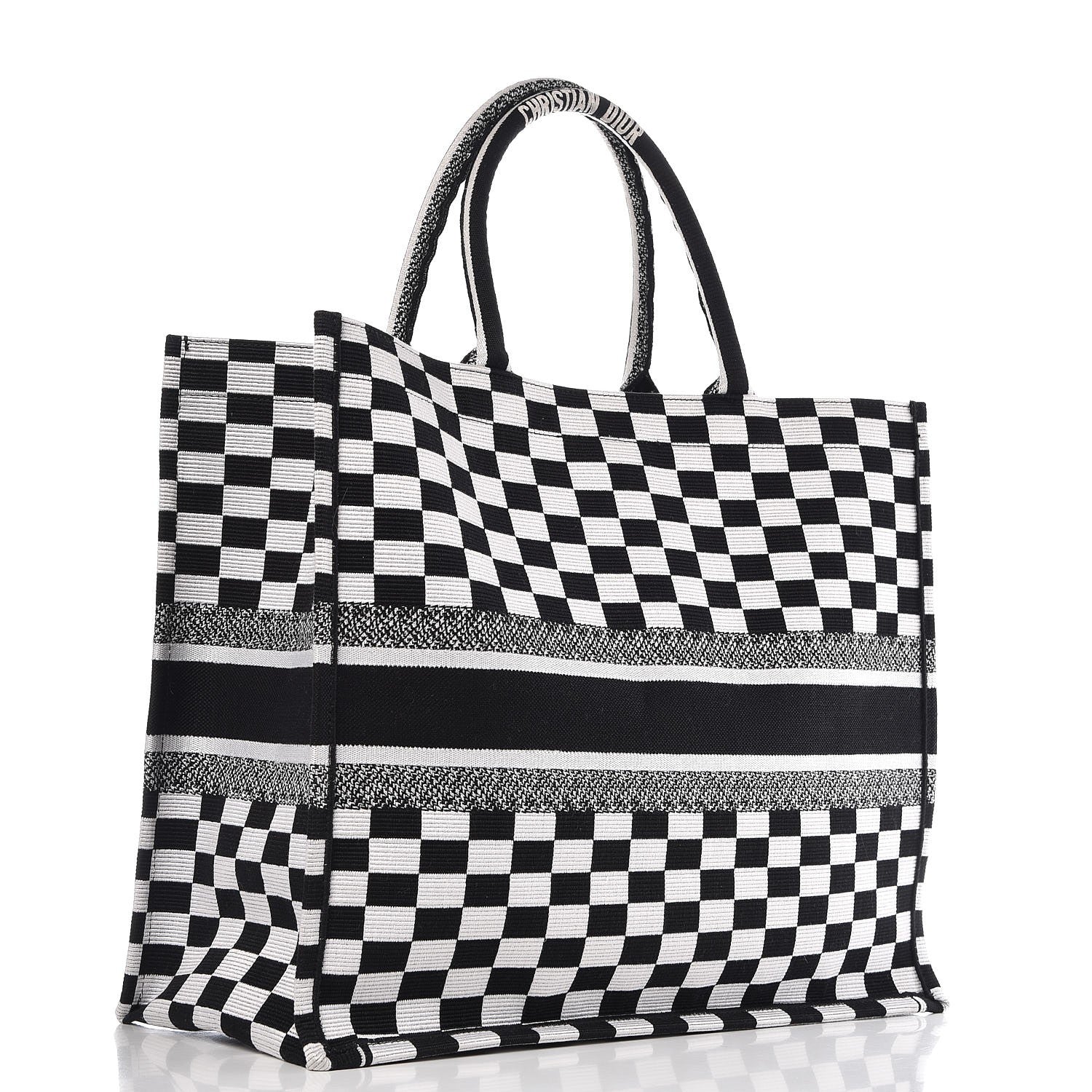 Christian Dior Canvas Embroidered Checkered Book Tote Black White 3 of 10