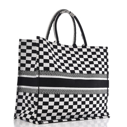 Christian Dior Canvas Embroidered Checkered Book Tote Black White 3 of 10