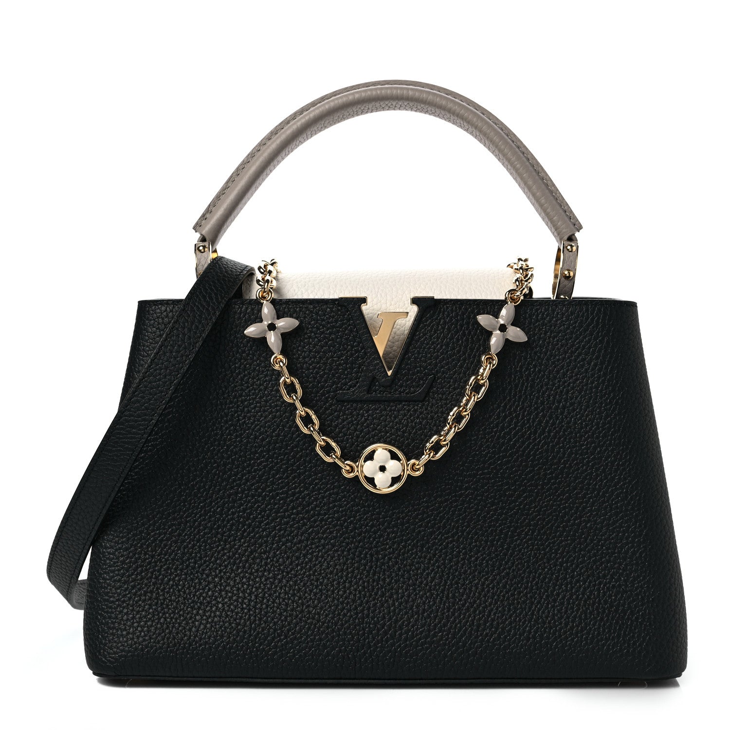 Louis Vuitton Taurillon Flower Chain Capucines MM Black Galet Gray Pearly Cream 1 of 7