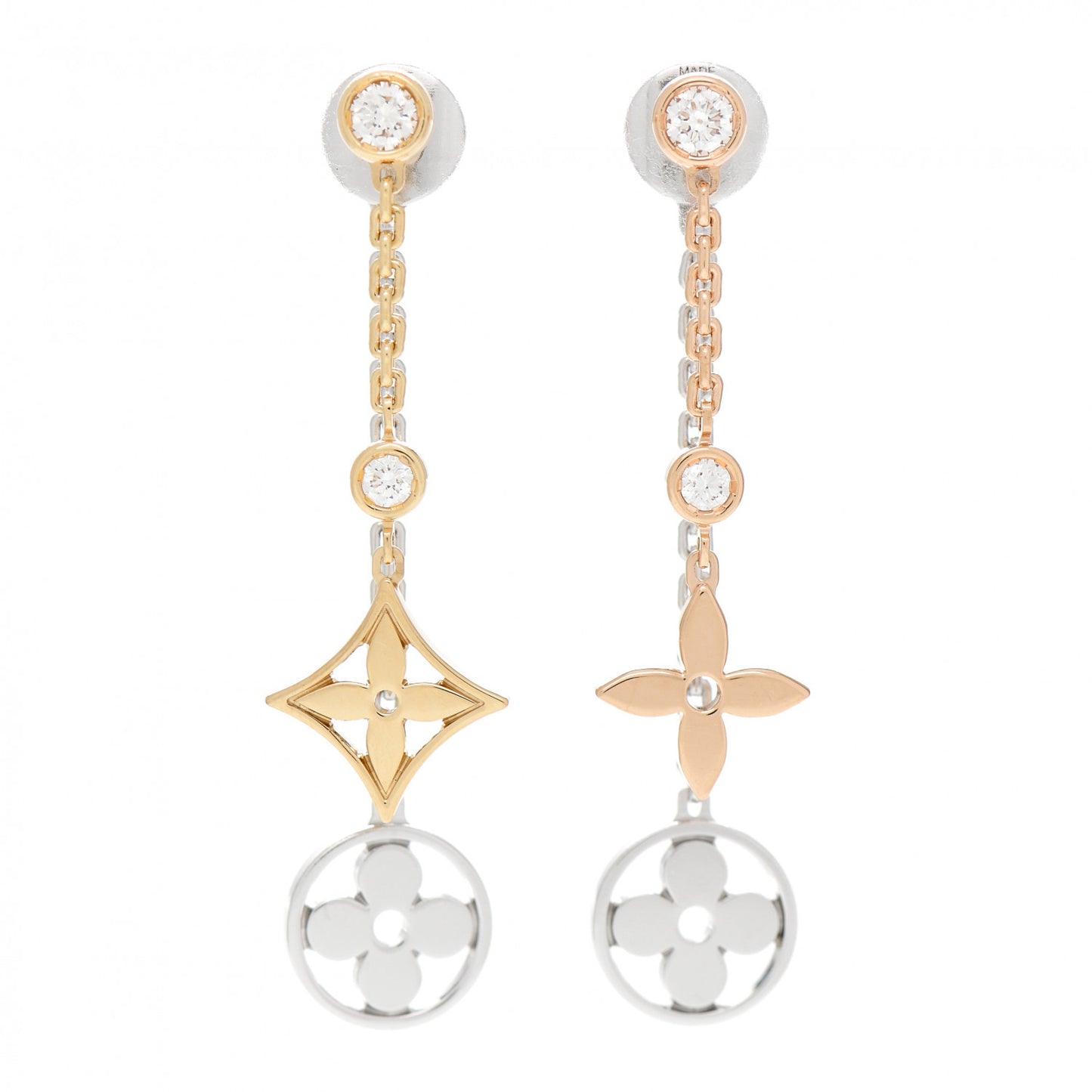 18K Yellow White Pink Gold Diamond Blossom Long Drop Earrings