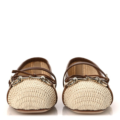 Gucci Raffia Nappa Horsebit Ballerina Flats 38.5 Natural Sundial 3 of 11