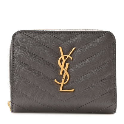 Saint Laurent Grain De Poudre Matelasse Chevron Monogram Compact Zip Around Wallet Fog 1 of 9