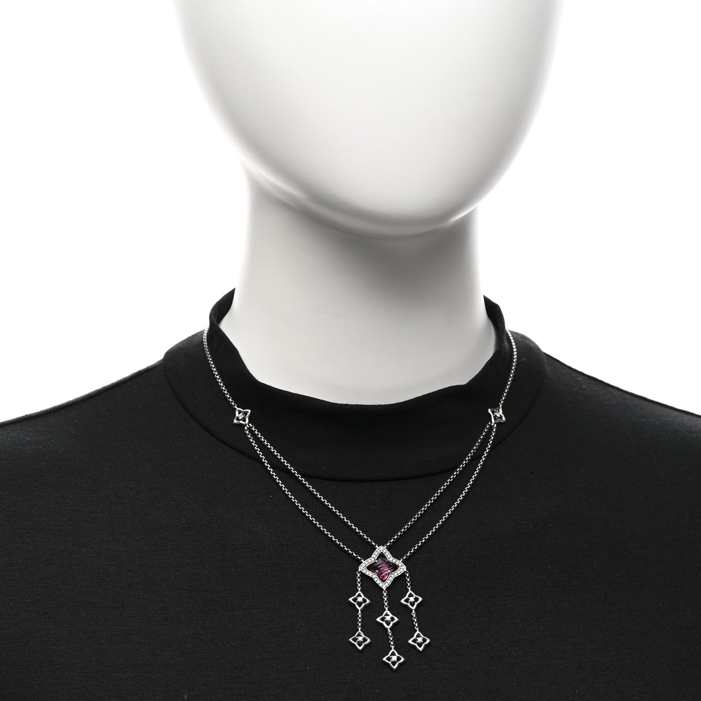 Sterling Silver Diamond Pink Tourmaline Quatrefoil Double Chain Drop Pendant Necklace