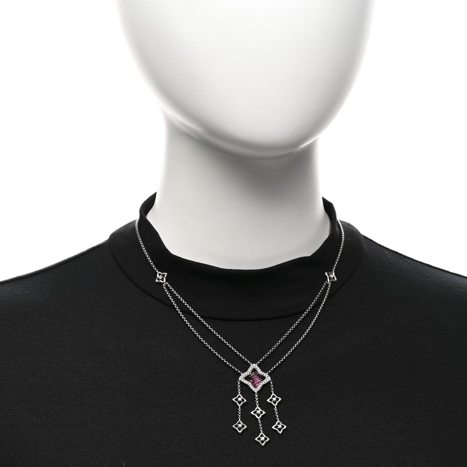 David Yurman Sterling Silver Diamond Pink Tourmaline Quatrefoil Double Chain Drop Pendant Necklace 2 of 5
