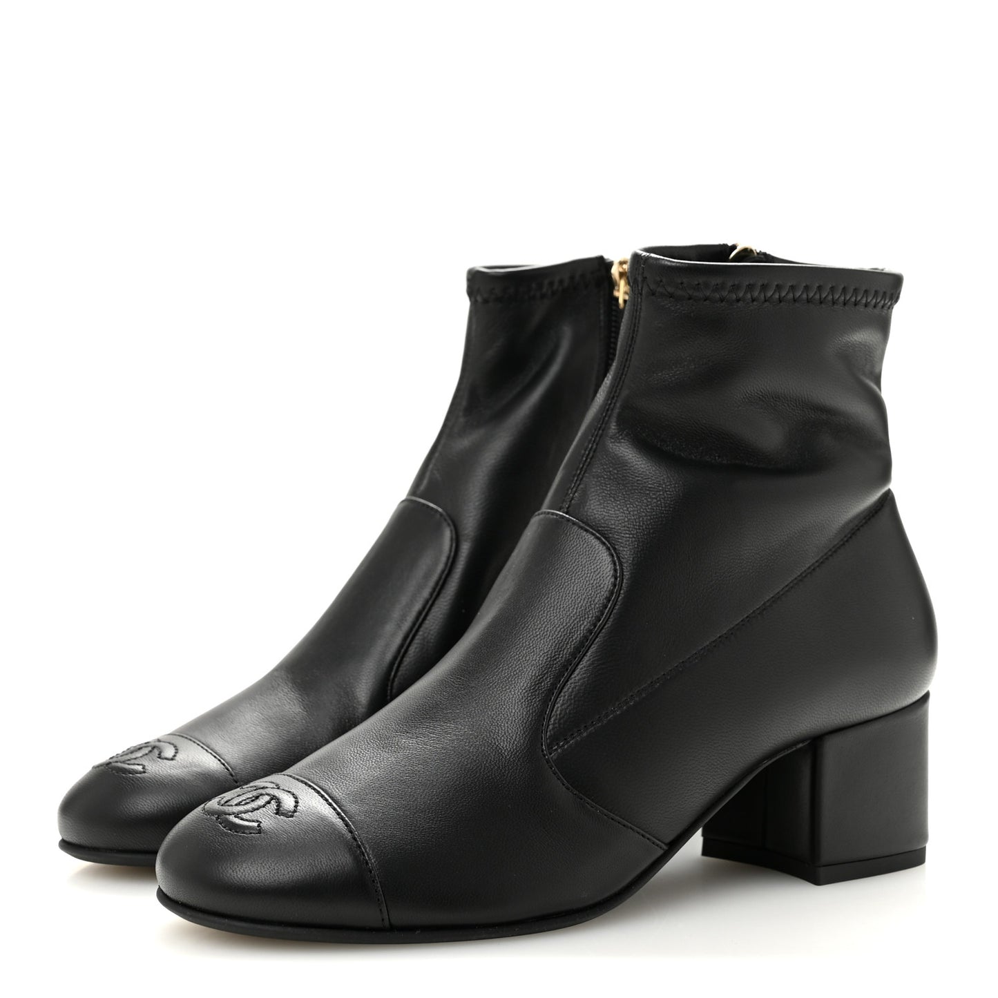 Stretch Lambskin Cap Toe CC Uniform Short Boots 36 Black