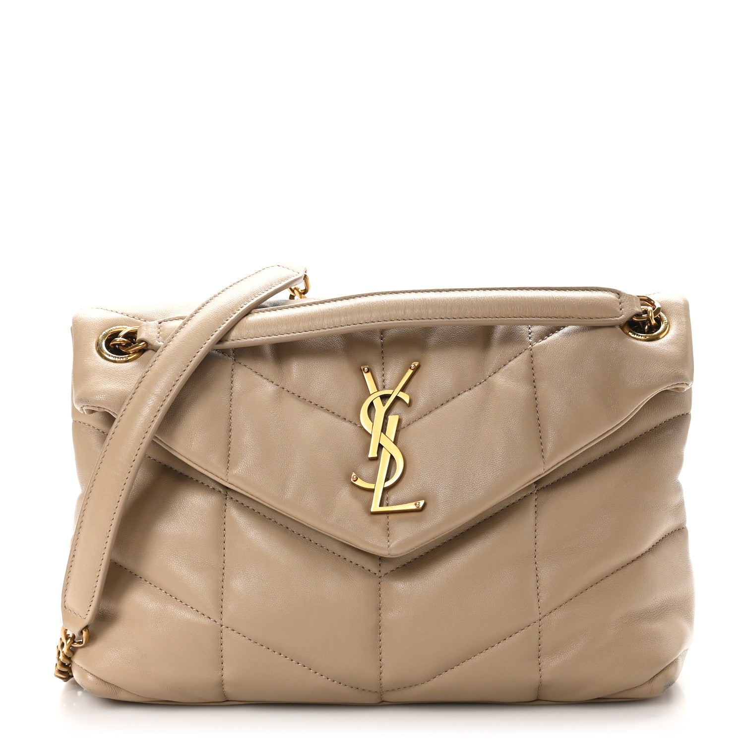 Saint Laurent Lambskin Quilted Small Loulou Puffer Monogram Chain Satchel Dark Beige 1 of 10
