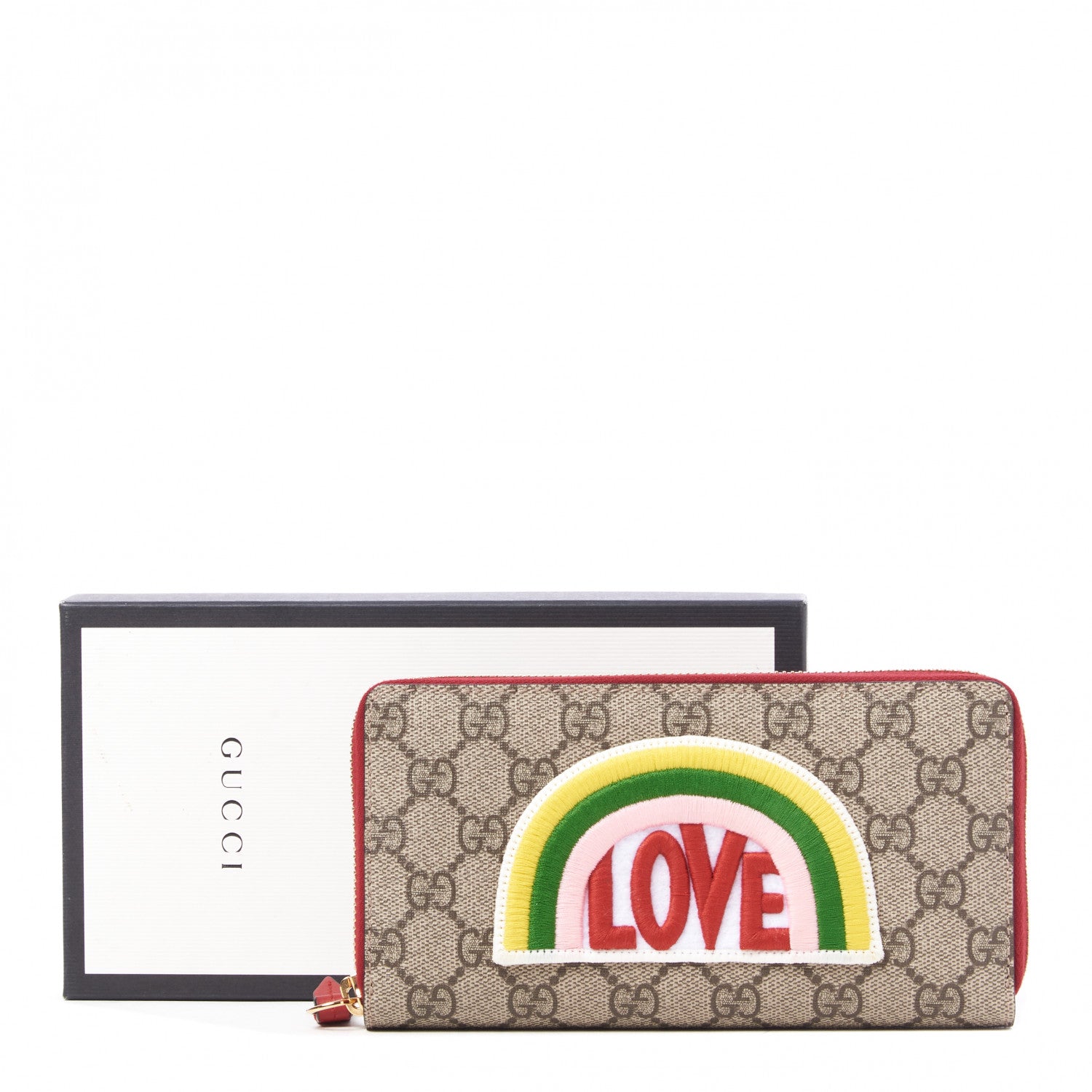 Gucci GG Supreme Monogram Embroidered Rainbow Zip Around Wallet Red 8 of 8