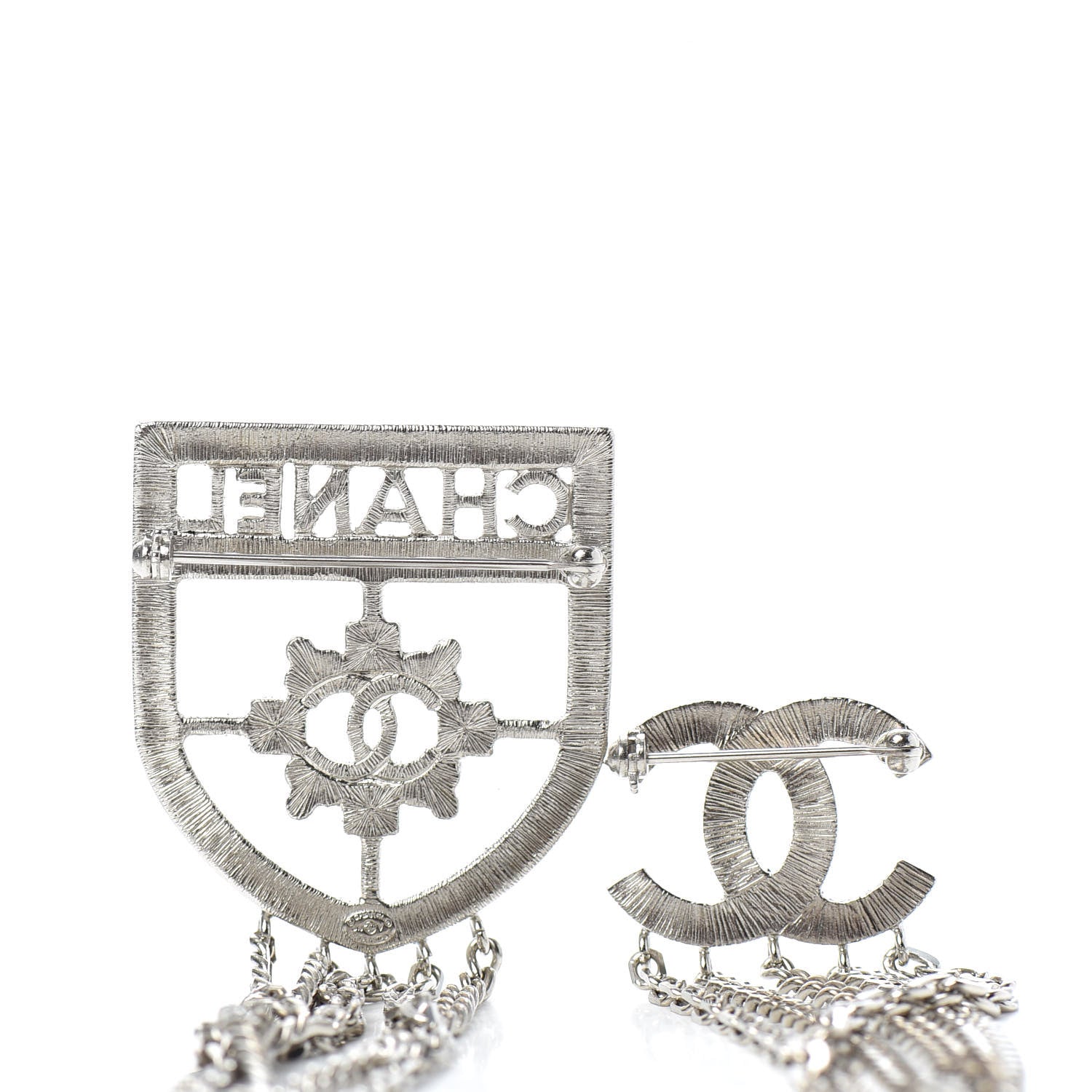Chanel Baguette Crystal CC Shield Multi Strand Long Chain Brooch Silver 3 of 4